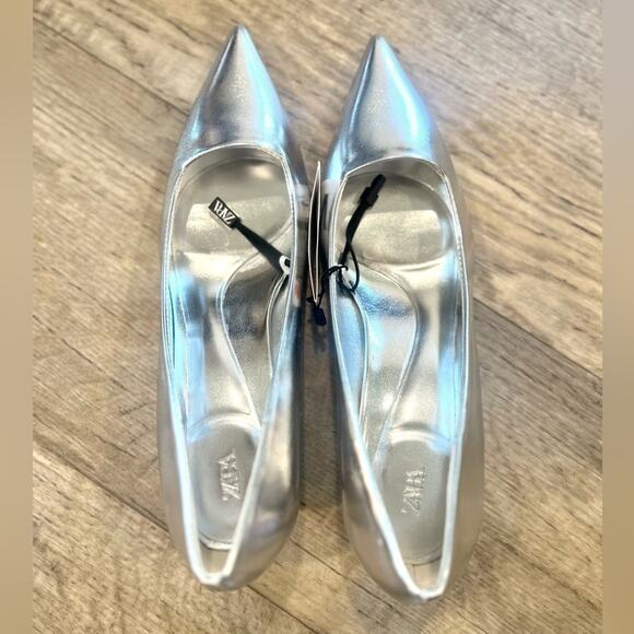 ZARA Metallic Pointed Toe Heels NWT | Silver Pumps | Size 7.5 - Picture 10 of 16